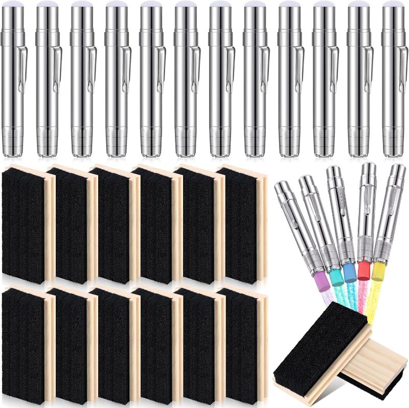 Photo 1 of 12 Sets Aluminum Alloy Chalk Holder and Felt Wood Chalkboard Eraser 12 Teacher's Pen Style Chalk Clip Clutch 12 Felt Campus Style Erasers Blackboard Eraser Cleaner for Duster School Student Teacher