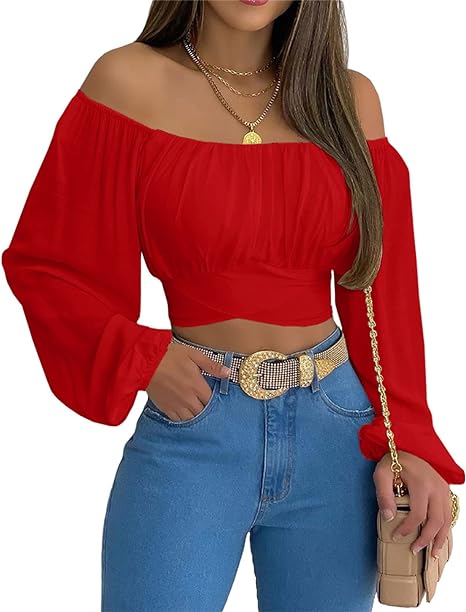 Photo 1 of ( L)Women Off Shoulder Ruched Bust Smocked Back Flounce Sleeve Crop Top Cute Cropped Summer Shirt Blouse