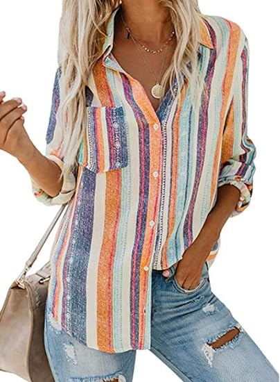 Photo 1 of (M) Womens V Neck Striped Button Down Collared Roll up Sleeve Casual Tunic Shirt Blouse Tops