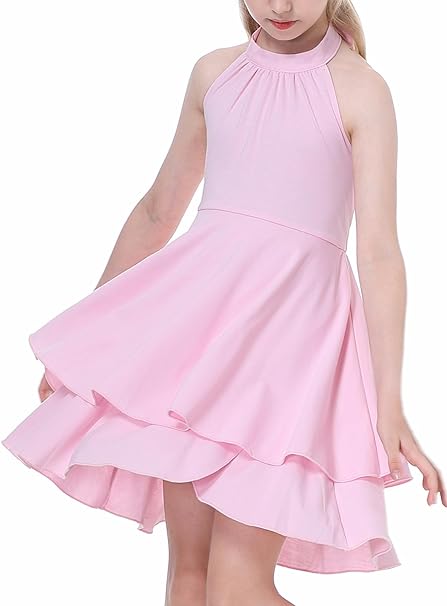 Photo 1 of (12Y)  Girls Halter Neck Sleeveless Party Dresses Backless Flowy A-Line Tiered Ruffle Swing Summer Dress for Kid 12