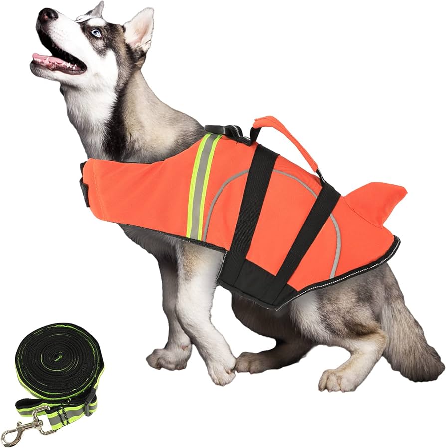 Photo 1 of (M) Orange Dog Life Jacket with Reflective Stripes,Adjustable Dog Shark Life Vest for Swimming Boating.High Buoyancy Visibility Lifesaver Preserver with 10ft-20 ft Leash