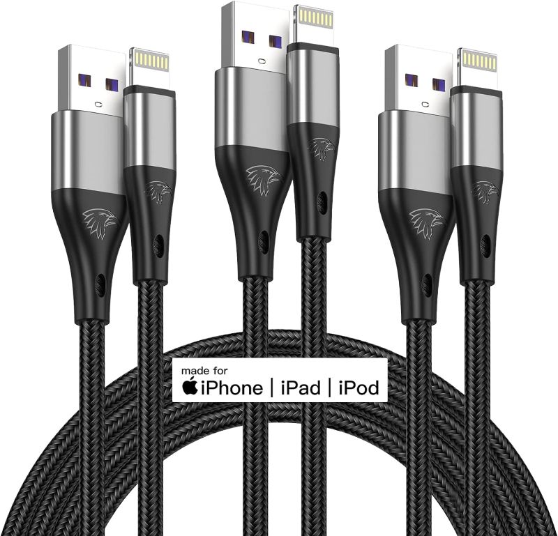 Photo 1 of 3Pack [ Apple MFi Certified ] 6FT iPhone Charger Cable, Lightning Cord Nylon Braided Charging Cables 6 Foot for iPhone, iPad, iPod (Grey)