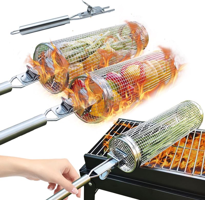 Photo 1 of 2PACK Rolling Grill Basket with Easy-Rolling Handle, BBQ Grill Basket Cylinder for Outdoor Grill, Cylinder Grill Basket for Veggies Portable Round Tube Grill for Vegetables, Peppers, Meat