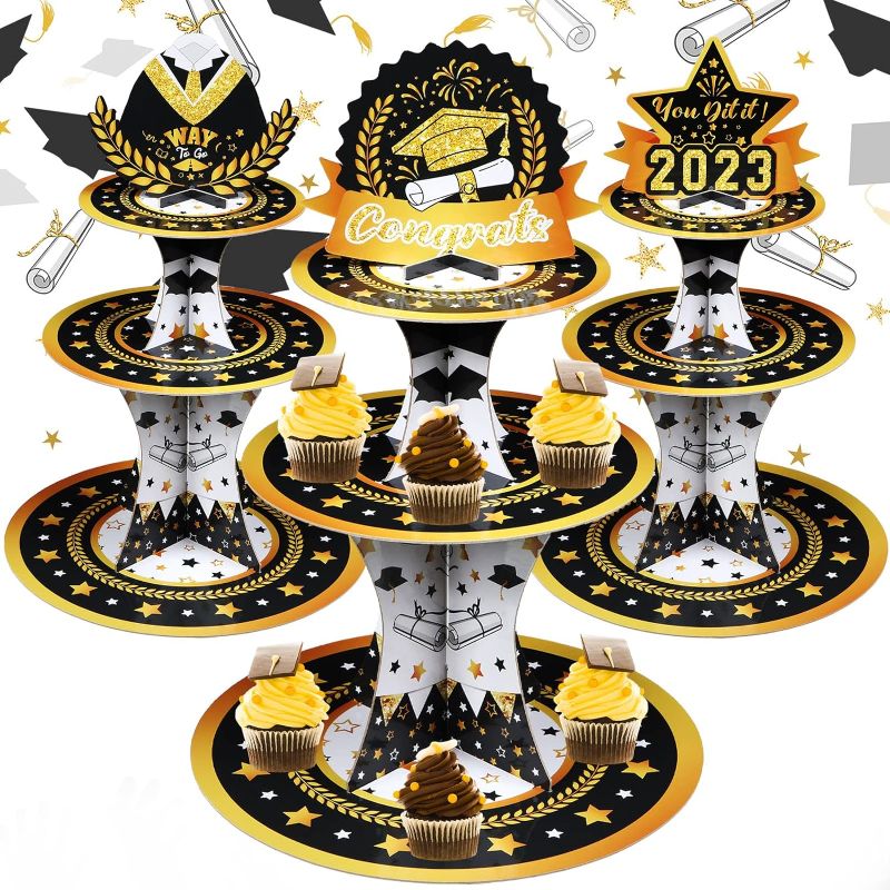 Photo 1 of 3 Pieces Graduation Cupcake Stands 3 Tier Round Cardboard Cupcake Stand 2023 Black and Gold Grad Decorations Theme Dessert Stand Holder for Graduation Party Supplies Favors