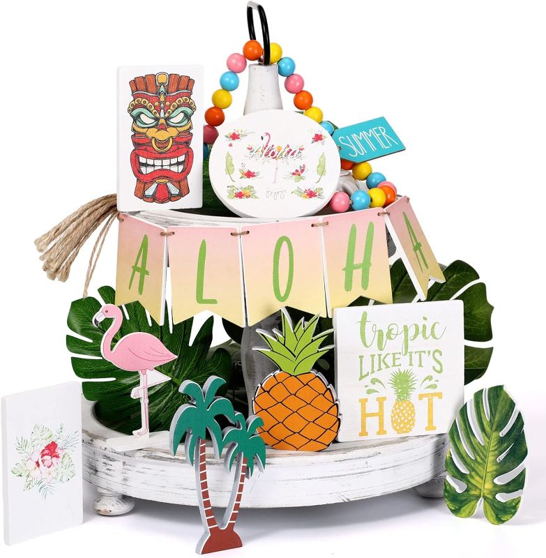 Photo 1 of 2 PACK:marsui 14 pcs hawaii tiered tray decor luau party aloha wood sign tropical party summer farmhouse decorations for flamingo floral tropical party beach pool party tiki party decor