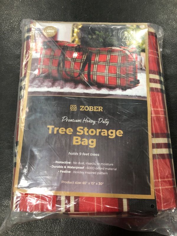 Photo 2 of ZOBER Artificial Christmas Tree Storage Bag with Plaid Design for Disassembled Trees of 9 Ft. Durable Handles & Sleek Dual Zipper Holiday Xmas Bag Mad