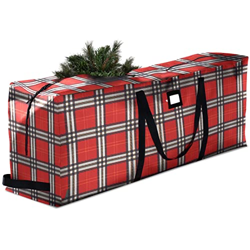 Photo 1 of ZOBER Artificial Christmas Tree Storage Bag with Plaid Design for Disassembled Trees of 9 Ft. Durable Handles & Sleek Dual Zipper Holiday Xmas Bag Mad