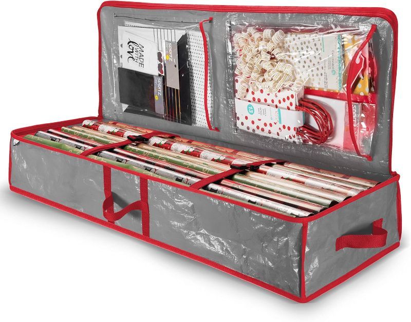 Photo 1 of ZOBER Underbed Gift Wrap Organizer-Non Woven, Interior Pockets, fits 18-24 Standard Rolls, Underbed Storage, Wrapping Paper Storage Box and Holiday Accessories, 40” Long - Tear Proof Fabric 
