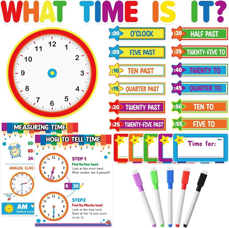 Photo 1 of 2 pack: Seajan 29 Pieces Telling Time Teaching Clock Bulletin Board Cutouts with 5 Colorful Erasable Marker Pen What Time is It Classroom Decorations for Kids Learning to Tell Time Clock Teaching Aid Set