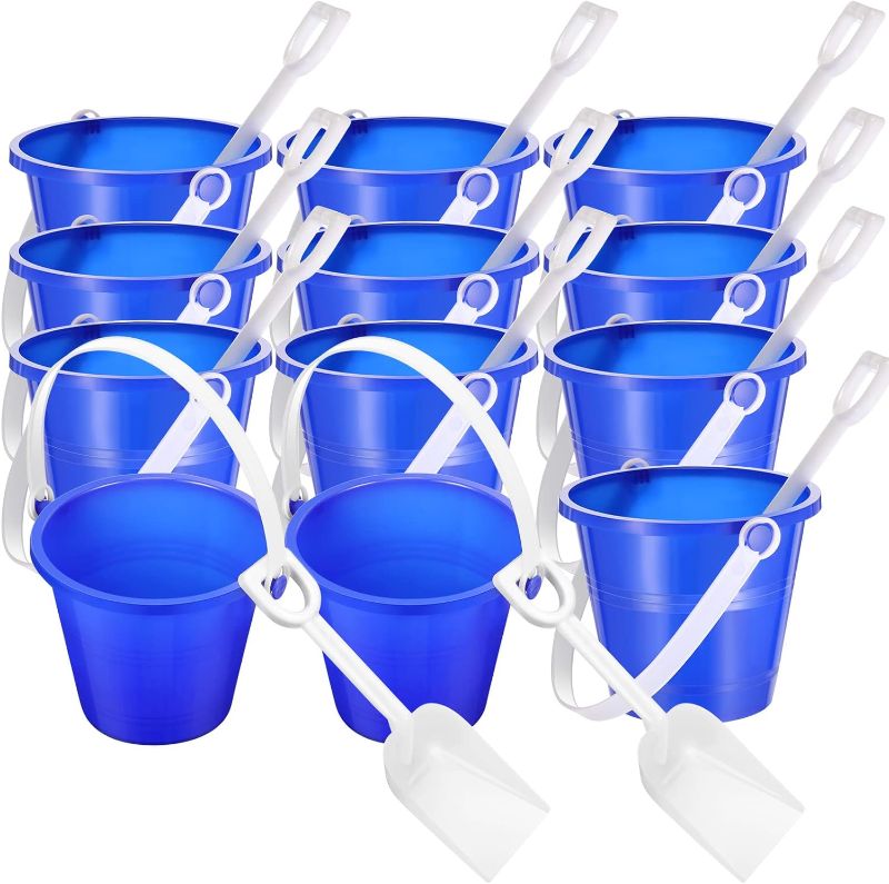 Photo 1 of 12 Pack 4 Inch Beach Buckets and Shovels for Kids Sand Pails Plastic Sand Buckets Bulk Small Toy Buckets, Sand Toys at The Beach, Use for Toddlers Little Guys Building Sand Molds (Blue) 