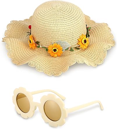 Photo 1 of 2 Pcs Girls Summer Straw Hat with Round Flower Sunglasses Set for Kids Cute Large Brim Sunflower Beach Sun Hat