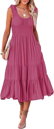 Photo 1 of AlvaQ Women Summer Sleeveless Smocked Midi Dress High Waist Casual Tiered A Line Sundress with Pockets 