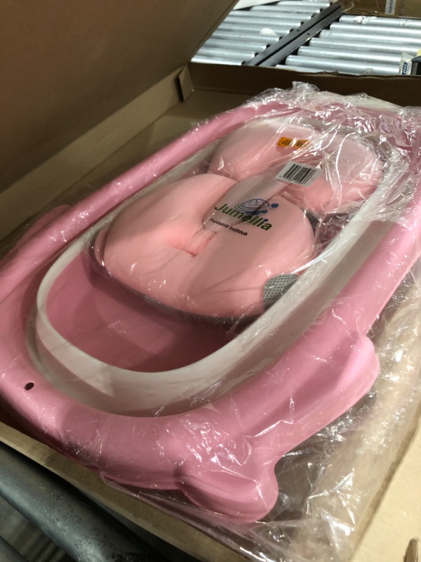 Photo 2 of Baby Bathtub – Newborn Essentials Portable Bathtub with Temperature Sensor – Foldable Bathtub for Newborn Baby with Cushion Support Option – Practical Drain Plug (Pink, Bathtub + Cushion) PINK Bathtub + Cushion