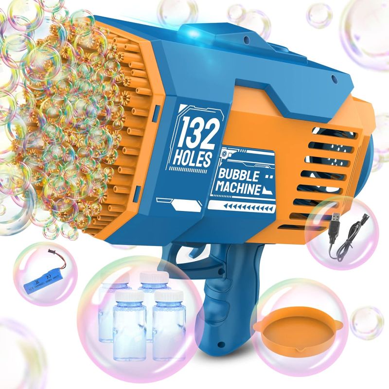 Photo 1 of 132 Holes Bubble Gun Toys, Rocket Launcher Bubble Blower Toy, Portable Bubble Machine with Colorful Light, Big Bubble Maker for Outdoor Indoor Games, Bubbles Machine for Wedding Birthday Gifts (Blue) 