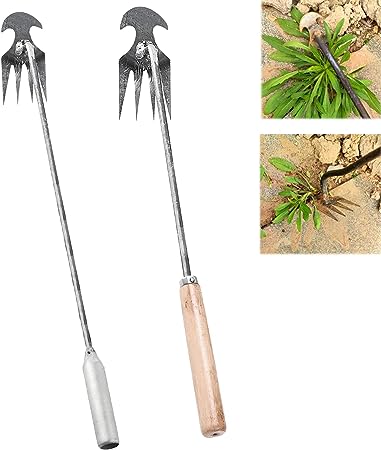 Photo 1 of  New Weeding Artifact Uprooting Weeding Tool, Premium Manganese Steel Forged Weed Puller 4 Teeth Dual Purpose Weeder, Hand Weeder Tool for Gardening with Long Handle (Iron Handle+Wooden Handle)
