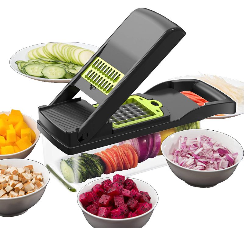 Photo 1 of 12 in 1 Vegetable Chopper, Mandoline Slicer & Cheese Grater,Veggie Dicer Includes Bonus Handheld Spiralizer Kitchen Multifunctional Onion Chopper Salad Potato Food With Container,and Spiralizer,
