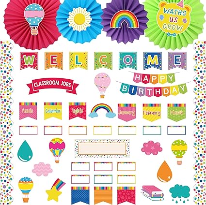 Photo 1 of Kosiz 221 Pcs Classroom Decorations Bulletin Board Decor Set Included Classroom Welcome Banner Happy Birthday Chart Classroom Jobs Poster for Elementary Middle School Class Decorations (Colorful)
