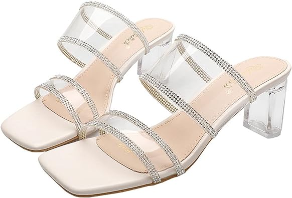 Photo 2 of (9.5) Women Summer Slippers Slides Comfort Non-Slip High Heel Shoes Waterproof Classic Clear Open Square Toe Daily Wear Sandals