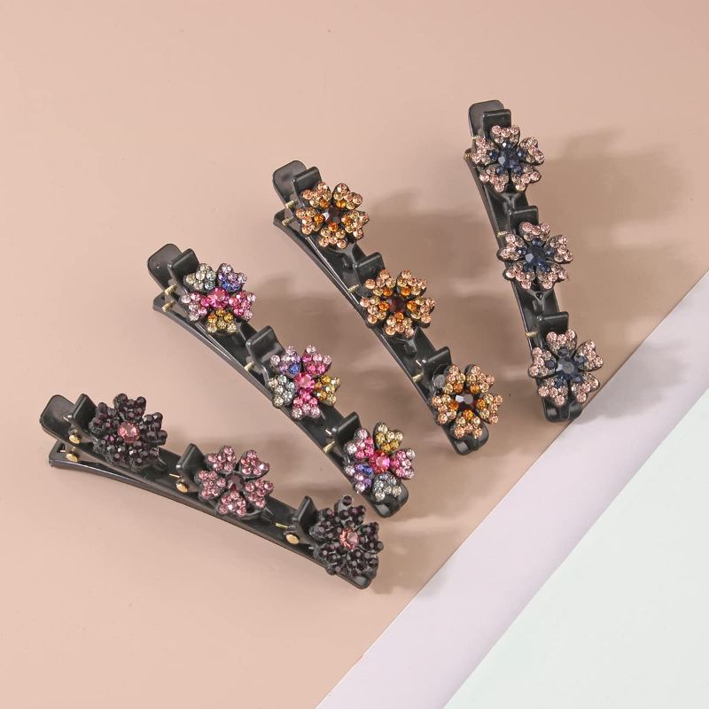 Photo 1 of 4PCS Braided Hair Clips for Women Girls, Sparkling Crystal Stone Hair Clip Barrette with 3 Small Clips, Flower Rhinestone Chopped Hairpin Duckbill for Styling, Gift for Kids Thick Hair Accessories