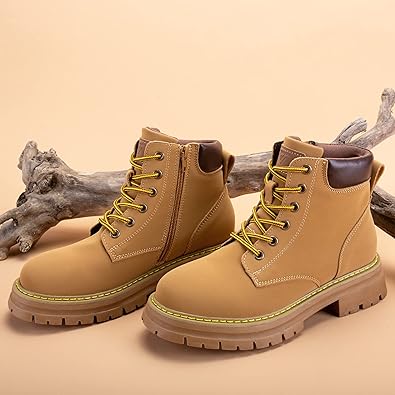 Photo 1 of (8) JABASIC Women Leather Ankle Combat Boots Low Heel Lace Up Outdoor Trekking Hiking Work Boots