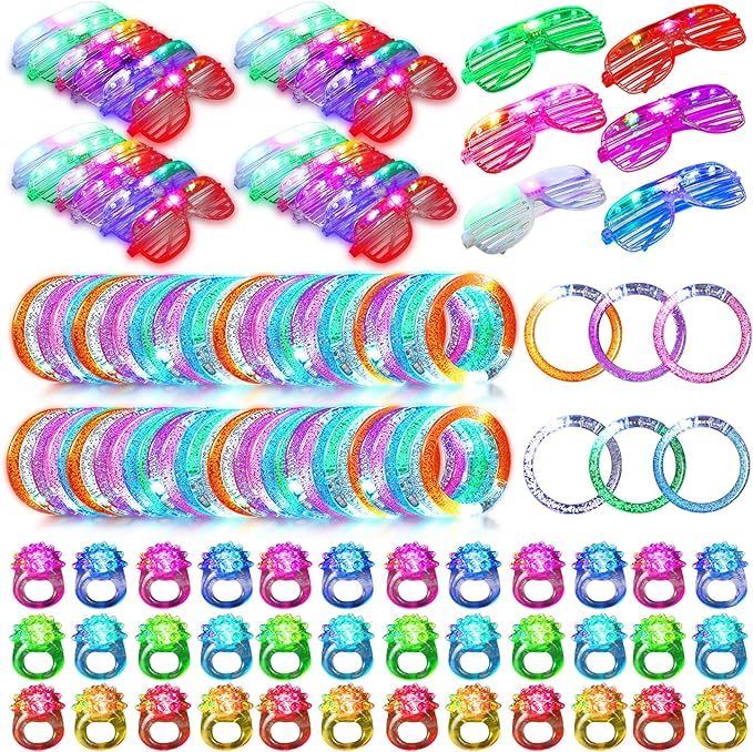 Photo 1 of 150 Pieces LED Light up Toys Party Favors Bulk Glow in the Dark Party Supplies for Adults Teens with 48 Flashing Glasses 48 LED Rings 54 Glow Bracelets for Birthday Halloween Neon Party School Event