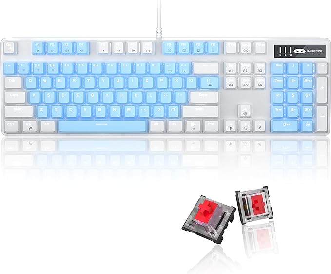 Photo 1 of MageGee Mechanical Gaming Keyboard, 104 Keys White Backlit Mechanical Keyboards with Red Switches & Double-Shot Keycaps, Wired Ergonomic Computer Keyboard for Desktop, PC Gamers (White & Blue)
