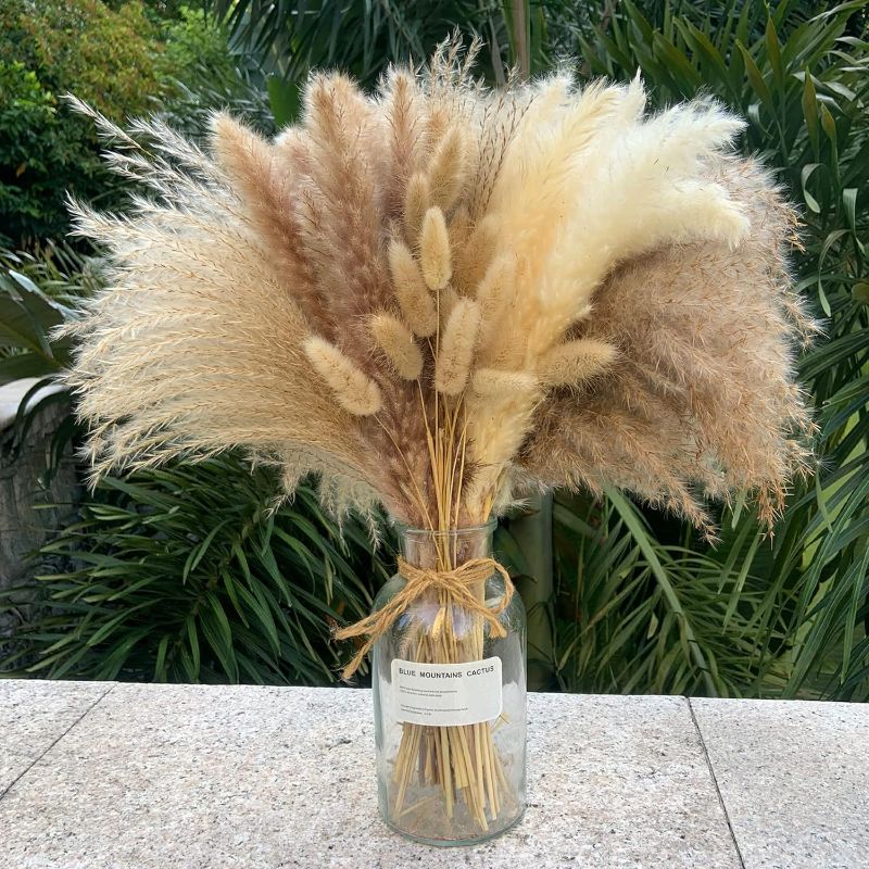 Photo 1 of 100Pcs Pampas Grass Boho Home Decor 17 inch Natural Dried Flowers-Pampas Grass Contains Bunny Tails White Pampas Brown Pampas.Boho Decor for Farmhouse Wedding Boho Wall Bathroom Office Kitchen