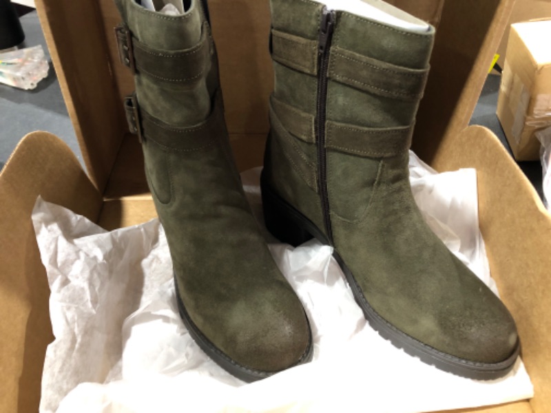 Photo 2 of (10) Vintage Foundry Co Womens Charmaine Handmade Burnished Rugged Classy Elegant Ankle Chelsea Boots w Adjustable Buckled Bands Side Zip Chunky Heels Victorian Combat Biker Engineer Western Goth Comic Con 10 Olive/Army Green