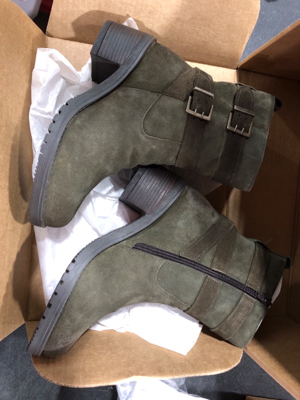 Photo 3 of (10) Vintage Foundry Co Womens Charmaine Handmade Burnished Rugged Classy Elegant Ankle Chelsea Boots w Adjustable Buckled Bands Side Zip Chunky Heels Victorian Combat Biker Engineer Western Goth Comic Con 10 Olive/Army Green