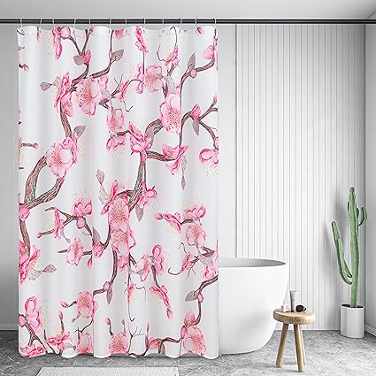 Photo 1 of 72" W x 72" Shower Curtain Polyester,Cherry Blossom Shower Curtain Pink Floral Shower Curtain with 12 Hooks Sakura Fabric Bath Curtain Decorative Shower Curtain