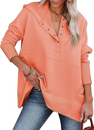 Photo 1 of AlvaQ Women Casual Button V Neck Hoodies Oversized Pullover Sweatshirt Hooded Tops with Pockets SIZE S 