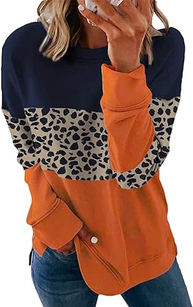 Photo 1 of FARYSAYS Women's Fall Tops Fashion Cute Color Block Leopard Crewneck Sweatshirts Casual Loose Pullover Sweatshirt Blue Medium