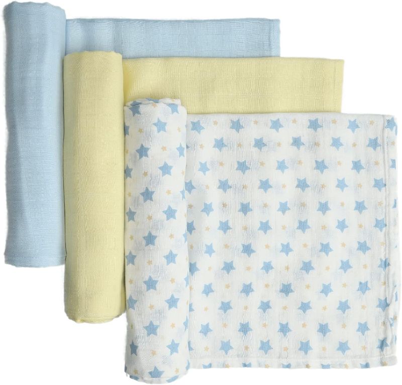 Photo 1 of Comfy Cozy Sleep ComfyCozySleep Muslin Swaddle Blankets 3 Pack Breathable, Pure Soft & Silky - Bamboo Cotton Muslin Blanket, Organic and Stars Blue Yellow Crib 