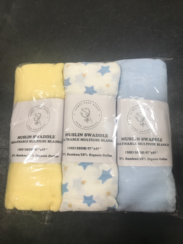 Photo 2 of Comfy Cozy Sleep ComfyCozySleep Muslin Swaddle Blankets 3 Pack Breathable, Pure Soft & Silky - Bamboo Cotton Muslin Blanket, Organic and Stars Blue Yellow Crib 