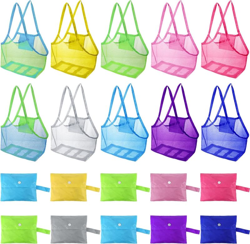 Photo 1 of 30 Pcs Bulk Jumbo Mesh Beach Bag 12 x 18 Inch Summer Color Mesh Tote Bag Bulk for Kids Toys Mesh Beach Bag for Sand Toys Mesh Handbag Sand Away for Holding Beach Toys Storage Shells Clothes Towels