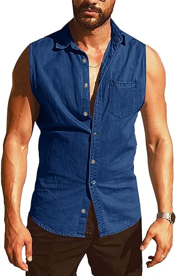 Photo 1 of Angeun Mens Sleeveless Denim Shirt Button Down Tank Tops Lightweight Casual Vest SIZE M 