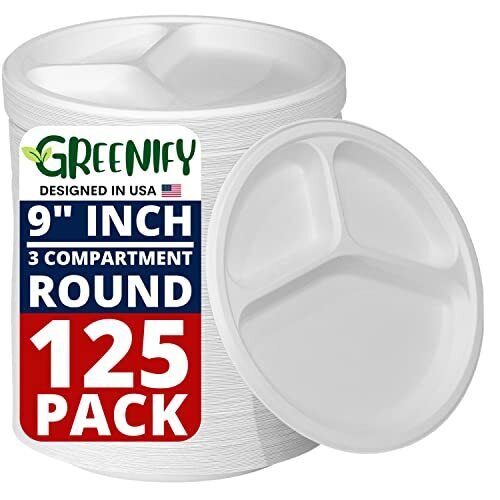 Photo 1 of Greenify 100% Compostable 9 Inch 3 Compartment Paper Plates (Pack of 125)