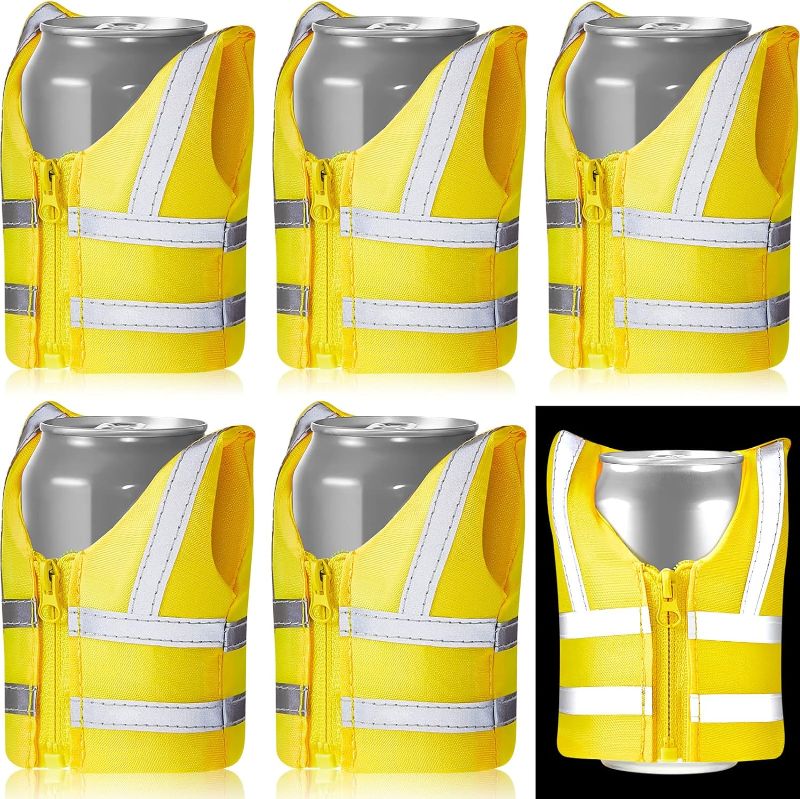 Photo 1 of 5 Pcs Safety Vest Can Cooler Reflective Vest Can Cover Beverage Work Vest Cup Holder Wine Beer Drink Coat for Summer Holiday Vacation Beach Party, Yellow