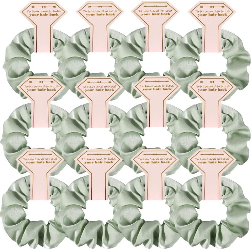 Photo 1 of  New Smooth linen Satin Bridesmaid Scrunchies 12 pack Proposal Gifts Elastics Hair Ties Scrunchies Bachelorette Party Favors Satin Bridesmaid Gift for Bridal Wedding Parties guests (Sage green) 