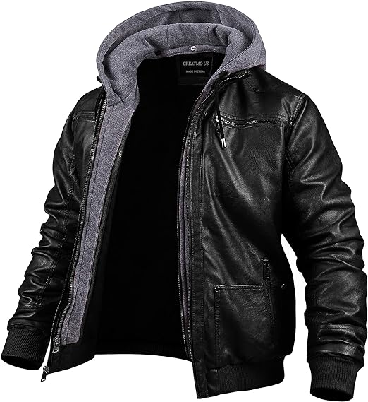 Photo 1 of CREATMO SIZE M  US Men's Faux Leather Jacket Motorcycle Jacket Waterproof Windproof PU Moto Vintage Bomber Hoodie with Removable Hood