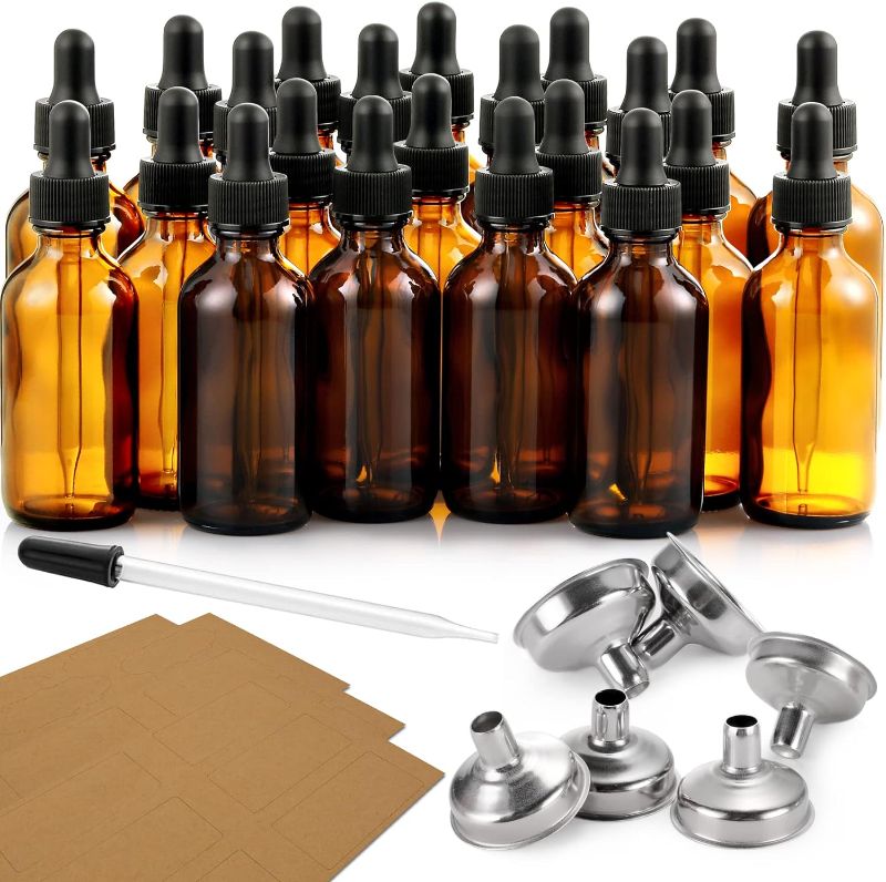 Photo 1 of 24 PCS, 1 oz Dropper Bottles for Essential Oils with 6 Stainless Steel Funnels & 1 Long Glass Dropper - 30ml Amber Glass Bottles with Eye Droppers - Tincture Bottles, Leak Proof Travel Bottles for Liquids
