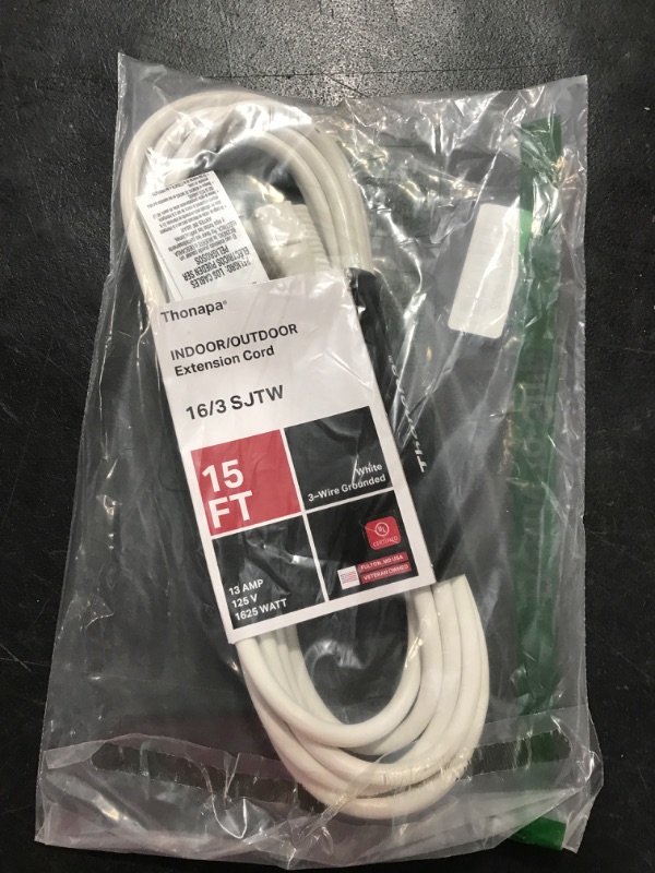 Photo 2 of Thonapa 15 Ft Extension Cord with 3 Prong - White Extension Cord 15ft - 16/3 SJTW Electrical Cable Great for Home & Office 15 Foot White