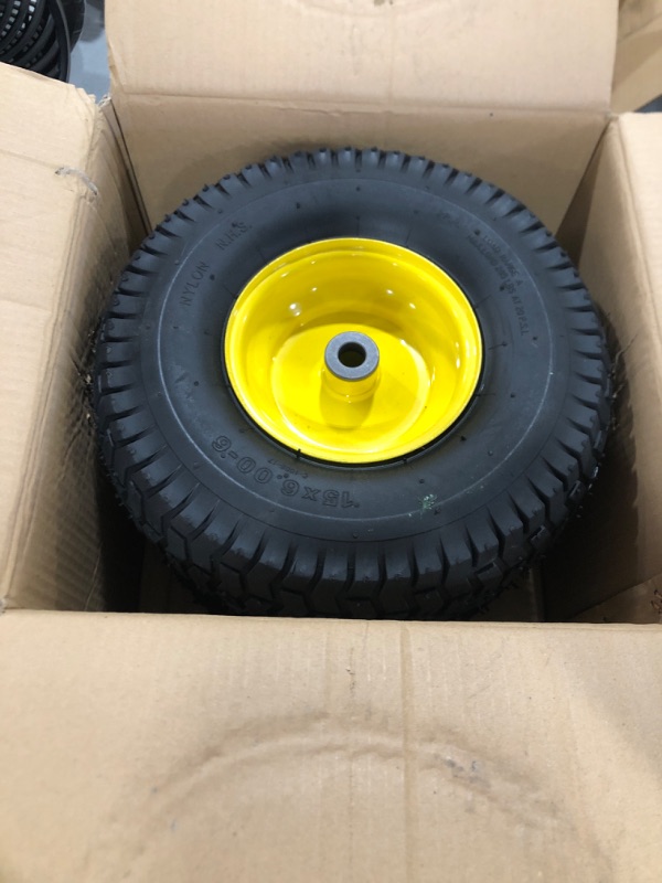 Photo 2 of (2 Pack) AR-PRO Exact Replacement 15" x 6.00 - 6" Front Tire and Wheel Assemblies for John Deere Riding Mowers - Compatible with John Deere 100 and D100 Series - 3” Hub Offset and 3/4” Bushings 15" x 6.00-6" Yellow