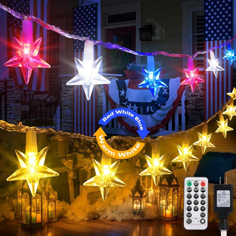 Photo 1 of Lomotech 4th of July Decoration Star Lights,39ft 80 LED Color Changing Red White Blue to Warm White, Waterproof 11 Modes Extendable Patriotic Lights for Independence Day Party Christmas Decor
