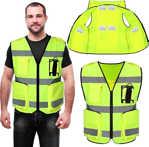 Photo 1 of 2 Pieces Cooling Vest for Hot Work Outside Men Women Reflective Cooling Safety Vest with 6 Pockets and Zipper High Visibility Ice Pack Vest Construction Work Cooling Clothes Cool Jacket