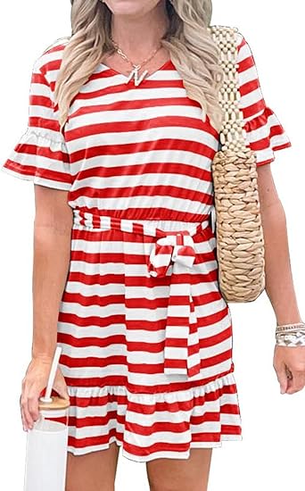 Photo 1 of Alaster Women's Summer T Shirt Dresses Short Roll Sleeve Flowy Swing Ruffle Dress Tie Waist with Pockets for Women - XL