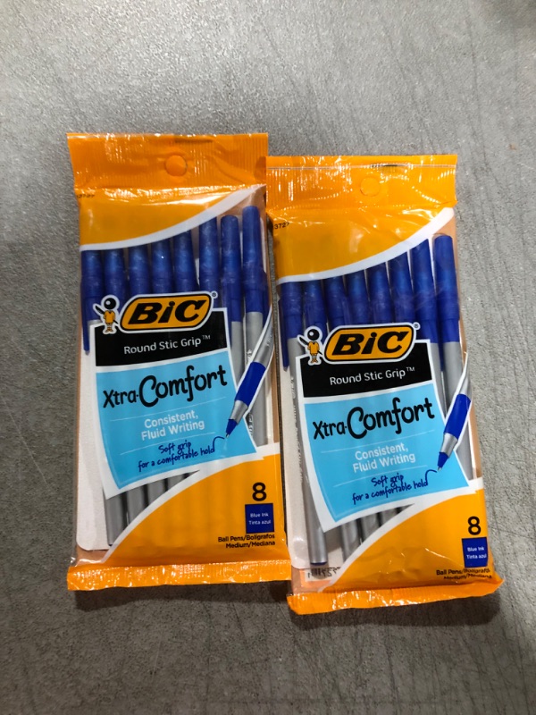 Photo 2 of 2 PACK- BIC Round Stic Grip Xtra-Comfort Medium Ball Point Pen, Blue, 8 Pack
