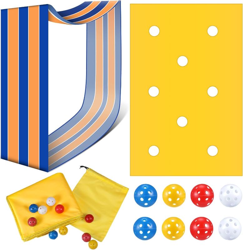 Photo 1 of Chitidr 2 Sets Team Building Games Set Includes 1 Yellow Hole Tarp 85 x 57 Inch, 1 Blue and Yellow Fun Playing Run Mat, and 8 Colorful Balls for Outdoor Family Field Day Backyard Birthday Party Games