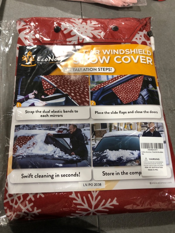 Photo 2 of EcoNour Car Windshield Snow Cover for Car Decor | Tough 600D Polyester Fabric Windshield Snow Cover | Water & Sag-Proof Christmas Car Accessories for Ice Removal | Standard (69 x 42 inches) Red Snowflakes