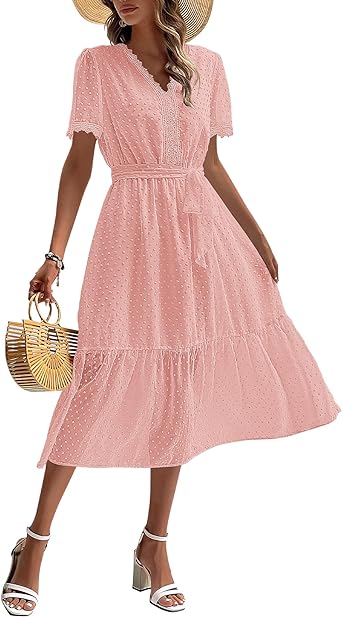 Photo 1 of BTFBM Women 2023 Summer Boho Midi Dress Short Sleeve V Neck Swiss Dot Belted High Waist Ruffle Tiered A-Line Beach Dress / SIZE LARGE 
